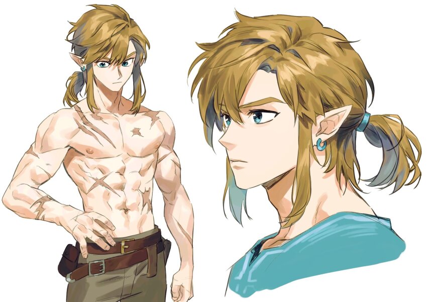 1boy, abs, belt, blonde_hair, blue_eyes, brown_belt, closed_mouth, commentary_request, earrings, highres, jewelry, korean_commentary, link, long_hair, male_focus, multiple_views, nintendo, nipples, pants, pectorals, pointy_ears, ponytail, portrait, samban_doyo, scar, scar_on_chest, simple_background, standing, the_legend_of_zelda, the_legend_of_zelda:_breath_of_the_wild, topless_male, white_background