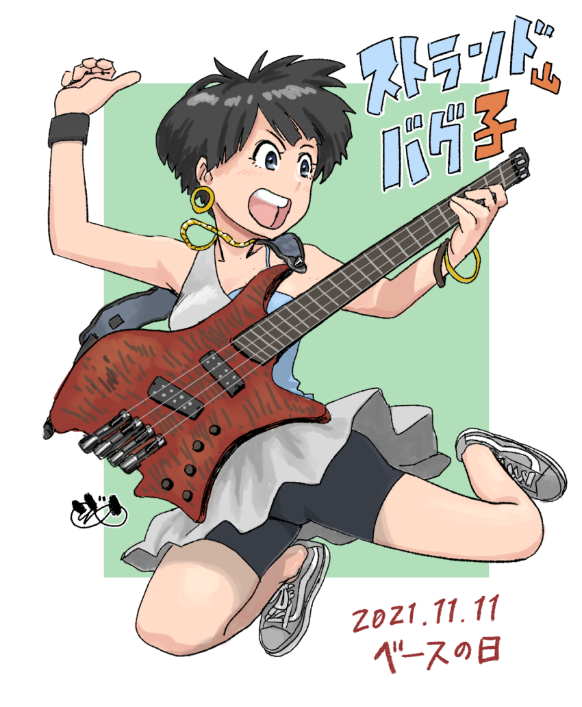 1girl, 2021, bass_guitar, black_hair, blue_eyes, check_translation, commentary, czow