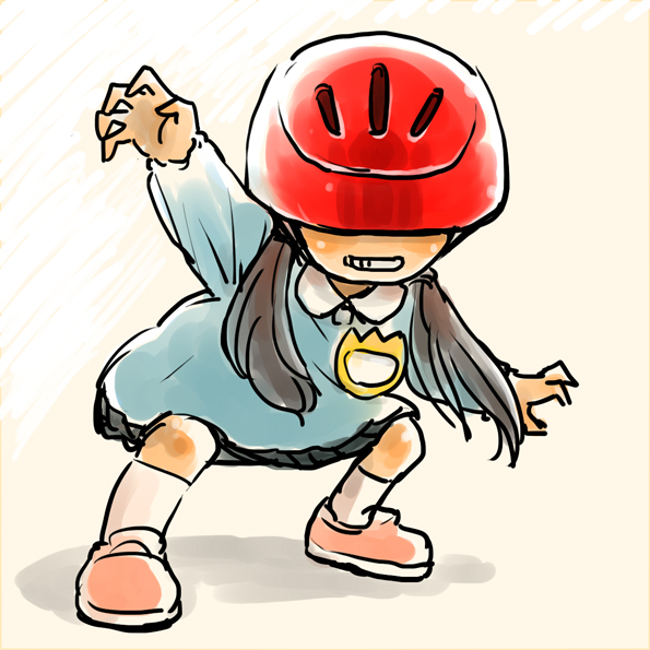 1girl, black_hair, child, commentary, covered_eyes, helmet, light_smile, original