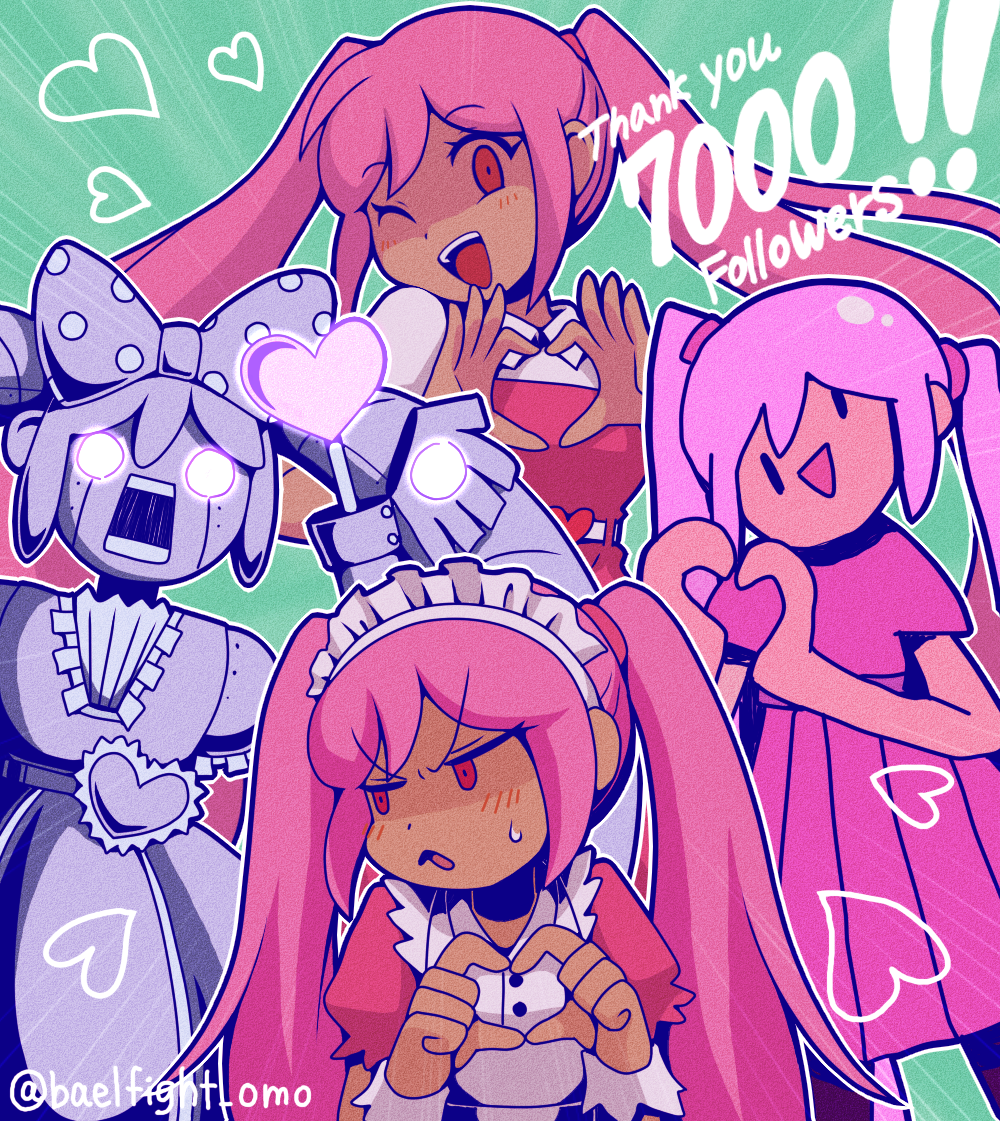 4girls, blush, dark-skinned_female, dark_skin, english_text, hair_ornament, heart, heart_hair_ornament