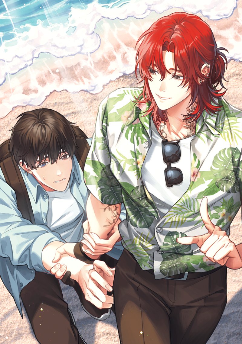 2boys, arm_tattoo, backpack, bag, beach, black_hair, black_pants, blue_eyes