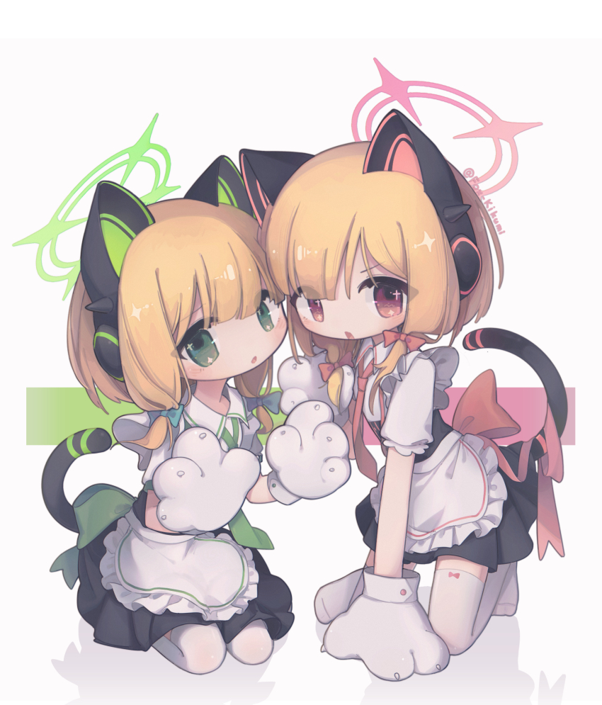 2girls, animal_ear_headphones, animal_ears, animal_hands, apron, blonde_hair, blue_archive, blush