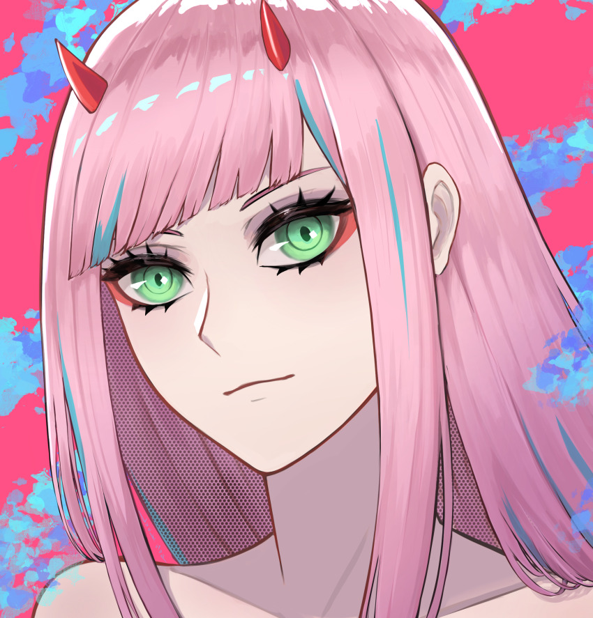 absurdres, darling_in_the_franxx, green_eyes, highres, horns, looking_at_viewer, lucksup, multicolored_background