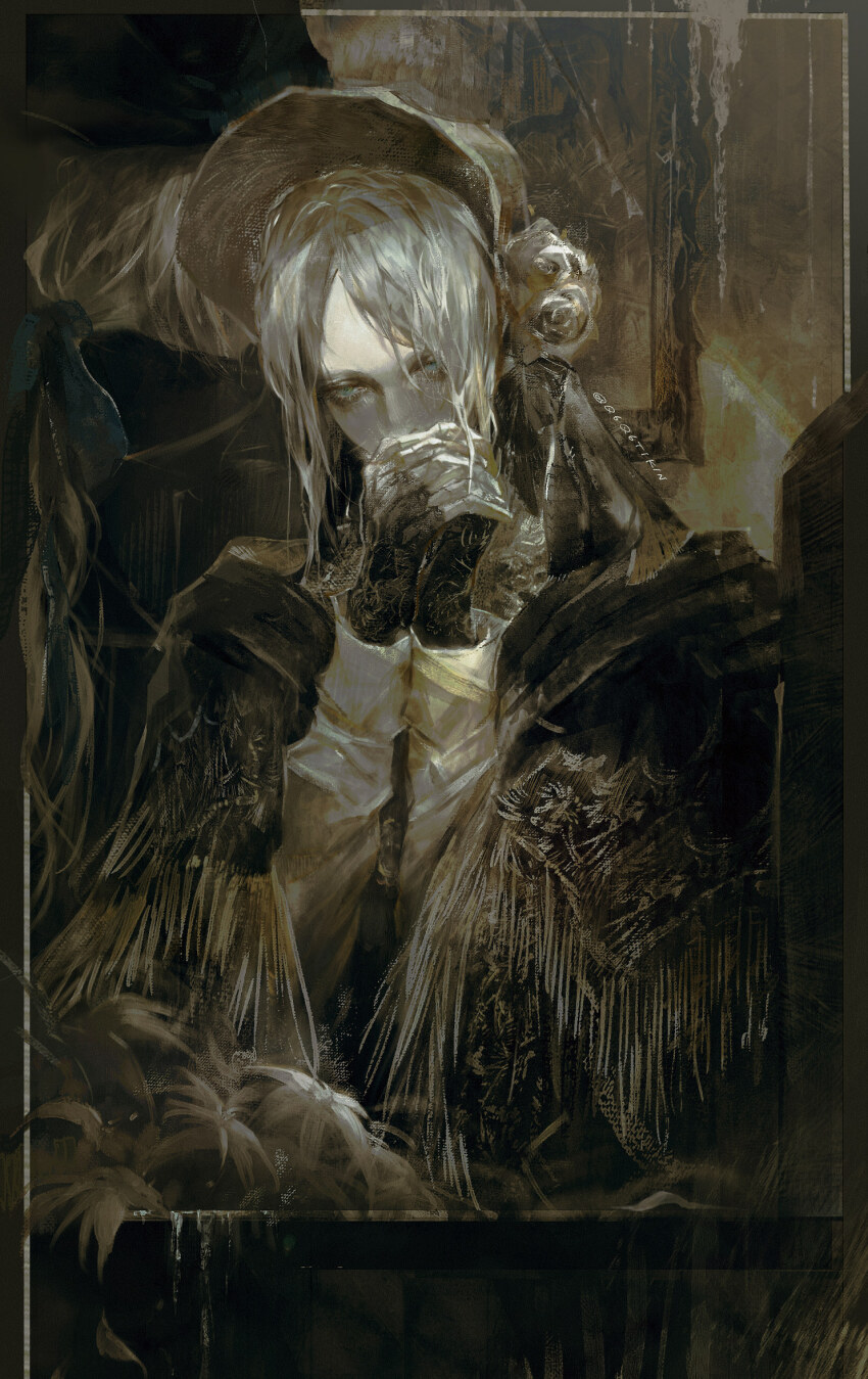 2girls, black_capelet, black_gloves, blonde_hair, bloodborne, blue_eyes, bonnet, capelet