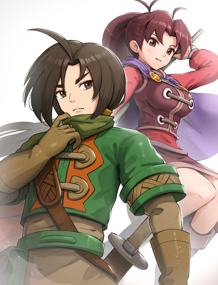 1boy, 1girl, alex_(golden_sun), breasts, brown_eyes, brown_hair, cape, closed_mouth
