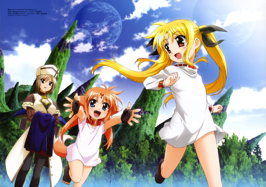 10s, 3girls, absurdres, arf, blonde_hair, blue_eyes, bow, brown_hair