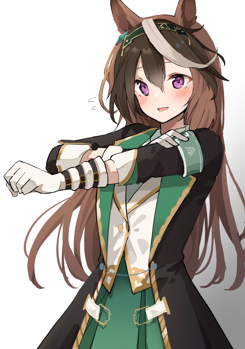 1girl, animal_ears, armband, bamboo_memory_(umamusume), bamboo_memory_(umamusume)_(cosplay), black_coat, blush, brown_hair