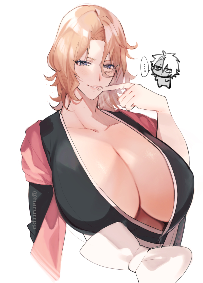 1boy, 1girl, black_kimono, bleach, bleach:_sennen_kessen-hen, blonde_hair, blue_eyes, breasts, cleavage, haori, highres, hitsugaya_toushirou, huge_breasts, japanese_clothes, kimono, matsumoto_rangiku, mayana_(bbpp), medium_hair, mole, mole_under_mouth, parted_lips, pink_shawl, shawl, shinigami, strawberry_blonde, taichou_haori, white_background, zombie, zombie_(bleach)