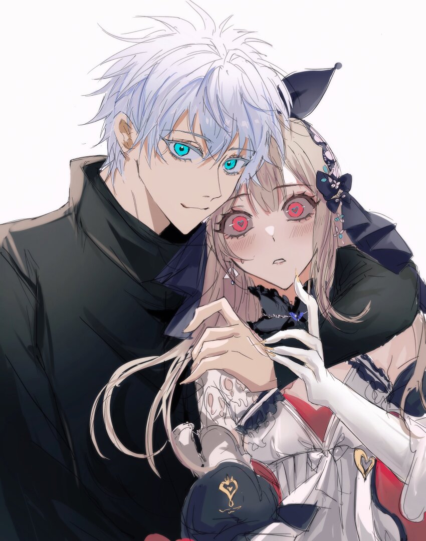 1boy, 1girl, absurdres, arm_around_shoulder, black_bow, blonde_hair, blue_eyes, blush, bow, dress, elbow_gloves, gloves, gojo_satoru, hair_behind_ear, hair_bow, hair_ribbon, heart, heart-shaped_pupils, hetero, highres, jujutsu_kaisen, long_hair, looking_at_viewer, nijisanji, nijisanji_en, official_alternate_costume, red_eyes, reimu_endou, reimu_endou_(anniversary_dress), ribbon, smile, symbol-shaped_pupils, virtual_youtuber, white_background, white_dress, white_gloves, white_hair, xxjjww5
