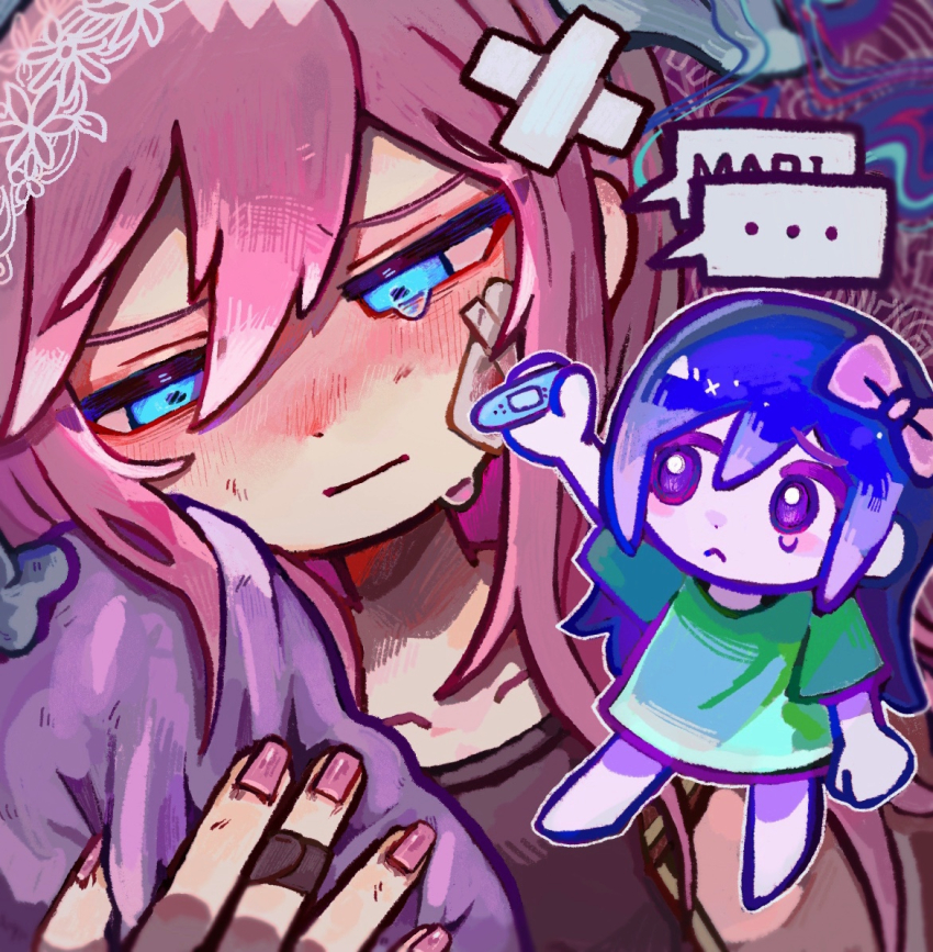 ..., 2girls, :|, aubrey_(faraway)_(omori), aubrey_(headspace)_(omori), aubrey_(omori), blue_eyes, blush