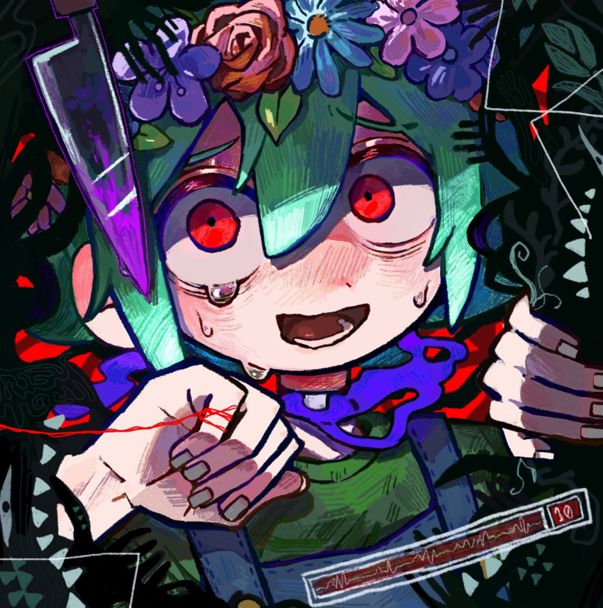 1boy, basil_(headspace)_(omori), basil_(omori), blue_overalls, crying, crying_with_eyes_open, green_hair, green_shirt, head_wreath, highres, knife, looking_at_viewer, lower_teeth_only, male_focus, omori, open_mouth, overalls, red_eyes, shirt, short_hair, something_(omori), spoilers, tears, teeth, tongue, uminosoko44, upper_body