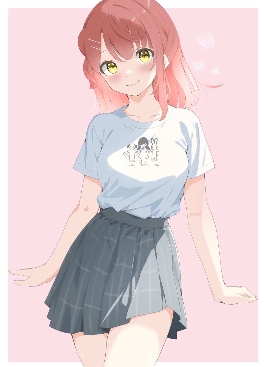 1girl, absurdres, black_skirt, breasts, collarbone, hair_behind_ear, hair_ornament, hairclip