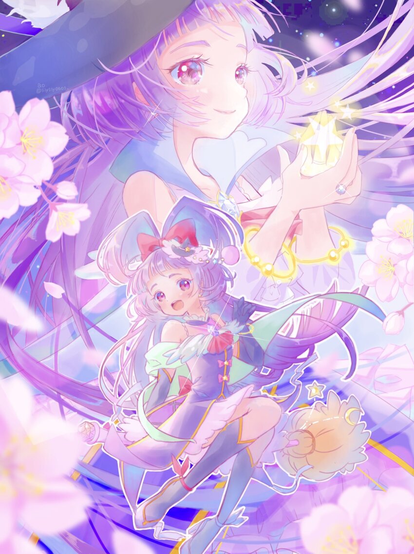 1girl, alexandrite_(gemstone), black_footwear, black_headwear, blurry, blurry_foreground, boots, bow