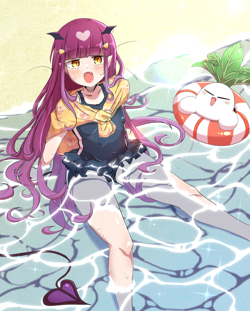 1girl, 1other, arm_support, bare_legs, bat_wings, beach, blue_one-piece_swimsuit, blush