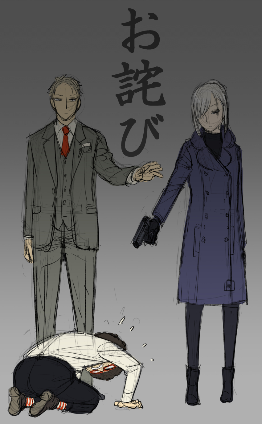 1girl, 2boys, absurdres, afro, apologizing, black_footwear, black_gloves, black_pants