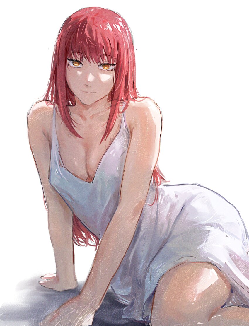 1girl, absurdres, alternate_costume, alternate_hairstyle, bare_shoulders, breasts, chainsaw_man, cleavage, closed_mouth, collarbone, dress, highres, long_hair, looking_at_viewer, makima_(chainsaw_man), medium_breasts, mon_(icebuko), ringed_eyes, shadow, simple_background, sitting, sleeveless, sleeveless_dress, smile, solo, white_background, white_dress, yellow_eyes
