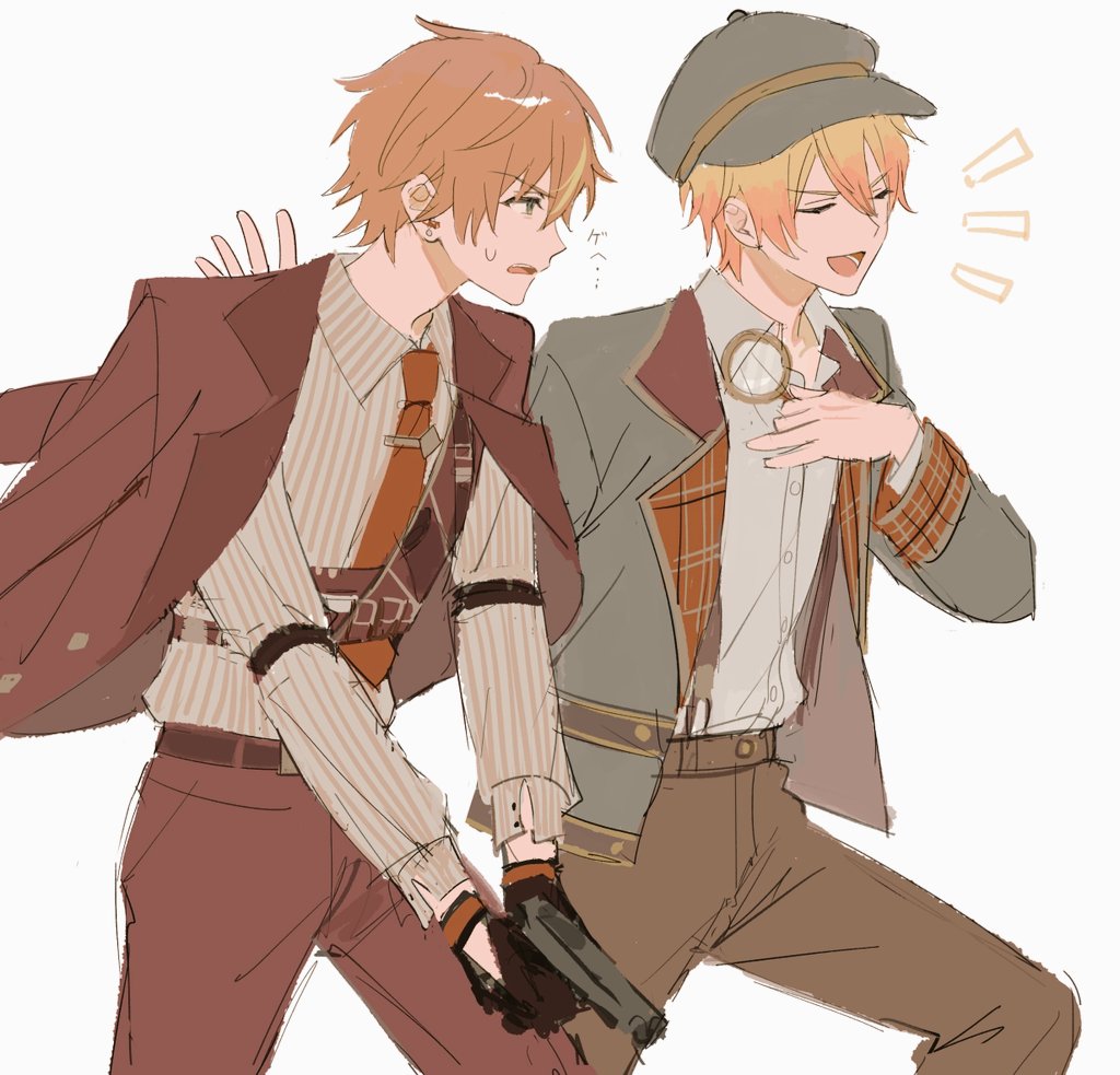 2boys, awa_(beni_tinn), belt, black_gloves, blonde_hair, brown_pants, buttons, collared_shirt