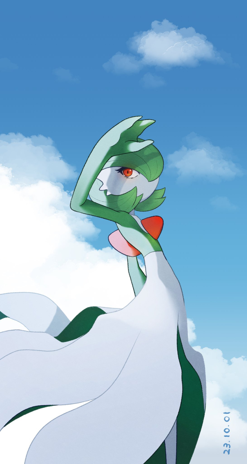 1girl, arm_at_side, arm_up, blue_sky, bob_cut, cloud, colored_skin, dated, day, female_focus, flat_chest, from_side, gardevoir, gen_3_pokemon, green_hair, green_skin, hair_over_one_eye, highres, hotarubi_(bugkhdu), looking_afar, multicolored_skin, nintendo, one_eye_covered, outdoors, pokemon, pokemon_(creature), red_eyes, shading_eyes, short_hair, sky, solo, standing, two-tone_skin, white_skin