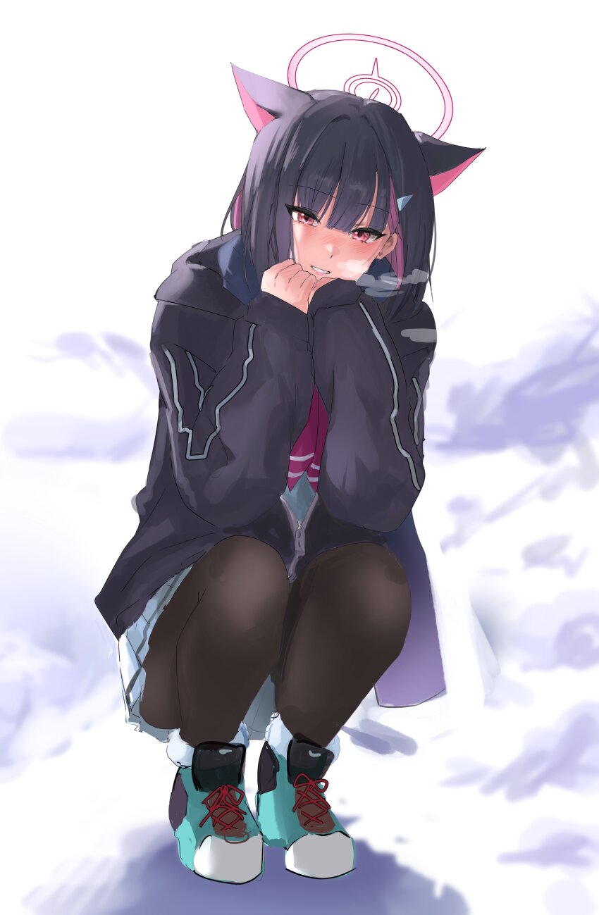 1girl, absurdres, animal_ears, black_hair, black_jacket, black_pantyhose, blue_archive, blush