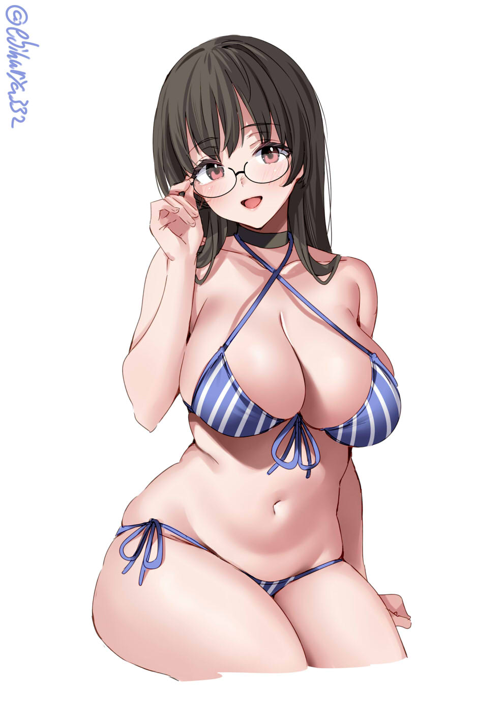 1girl, adjusting_eyewear, alternate_costume, bare_shoulders, bikini, black_choker, black_hair, blue_bikini, blush, breasts, choker, choukai_(kancolle), choukai_(swimsuit)_(kancolle), collarbone, criss-cross_halter, cropped_legs, ebifurya, front-tie_bikini_top, front-tie_top, glasses, halterneck, hand_up, highres, invisible_chair, kantai_collection, large_breasts, long_hair, looking_at_viewer, navel, one-hour_drawing_challenge, open_mouth, red_eyes, side-tie_bikini_bottom, simple_background, sitting, skindentation, smile, solo, stomach, strap_gap, striped_bikini, striped_clothes, swimsuit, thighs, twitter_username, white_background