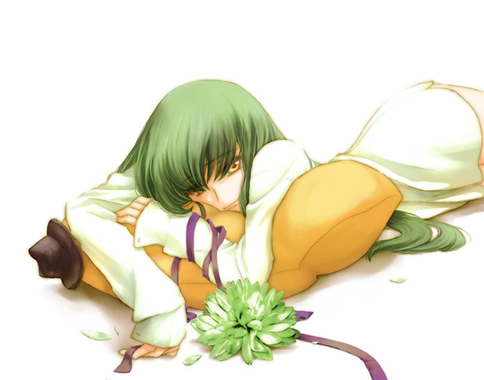 1girl, c.c., cheese-kun, code_geass, female_focus, green_hair, long_hair, lying, purple_ribbon, ribbon, shirt, solo, takita_(pixiv2280124), white_background, white_shirt, yellow_eyes