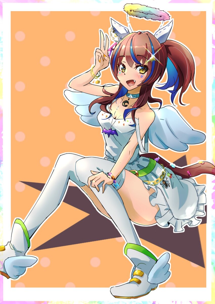 1girl, animal_ears, bare_shoulders, belt, blue_hair, boots, breasts, brown_hair