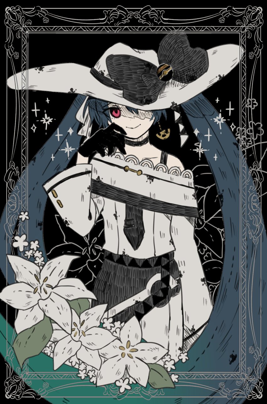 1girl, belt, black_background, black_bow, black_choker, black_gloves, black_necktie, blue_hair, border, bow, choker, dark_miku_(project_voltage), dress, earrings, flat_color, floral_background, flower, gloves, gradient_hair, hair_ribbon, hat, hat_bow, hatsune_miku, head_tilt, highres, jewelry, kuiruri, lily_(flower), long_hair, long_sleeves, looking_at_viewer, luxury_ball, multicolored_hair, necktie, nintendo, one_eye_covered, poke_ball, poke_ball_print, pokemon, project_voltage, red_eyes, ribbon, smile, sparkle, triangle_print, twintails, very_long_hair, vocaloid, white_dress, white_headwear