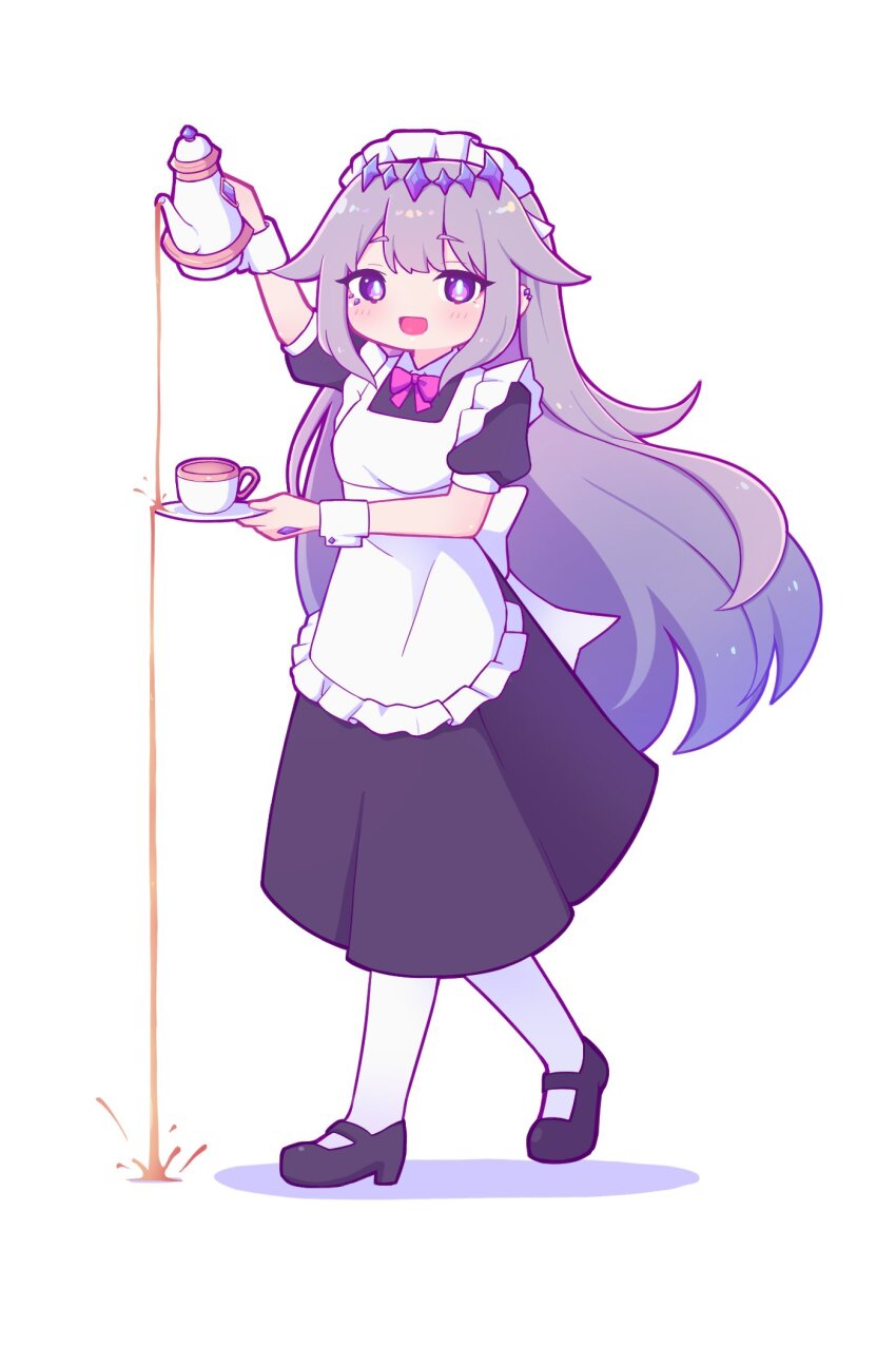 1girl, alternate_costume, aya_chan1221, commentary, cup, decantering, english_commentary, enmaided