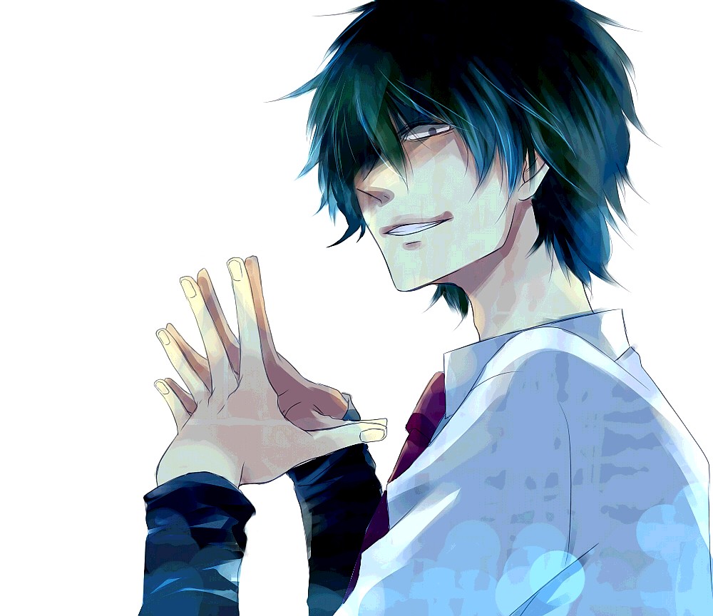 1boy, adumi, grin, hair_over_one_eye, kiben_gakuha_yotsuya-senpai_no_kaidan, male_focus, necktie, school_uniform, smile, solo, steepled_fingers, yotsuya_buntarou