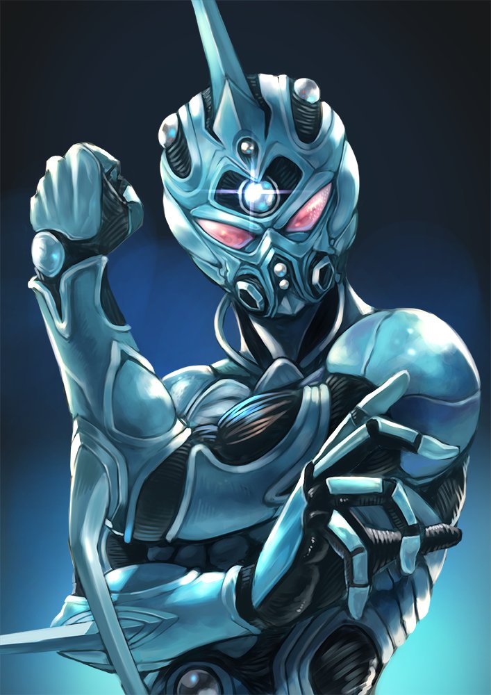 1boy, armor, clenched_hand, guyver_i, horns, kagyu_nakamura, kyoushoku_soukou_guyver, looking_at_viewer