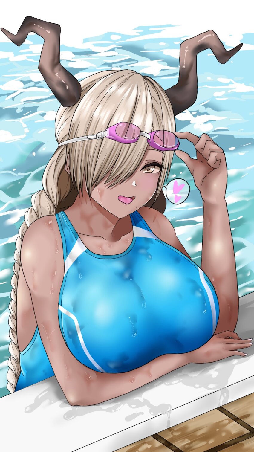 1girl, alternate_costume, azur_lane, black_horns, blonde_hair, blue_one-piece_swimsuit, braid, breasts