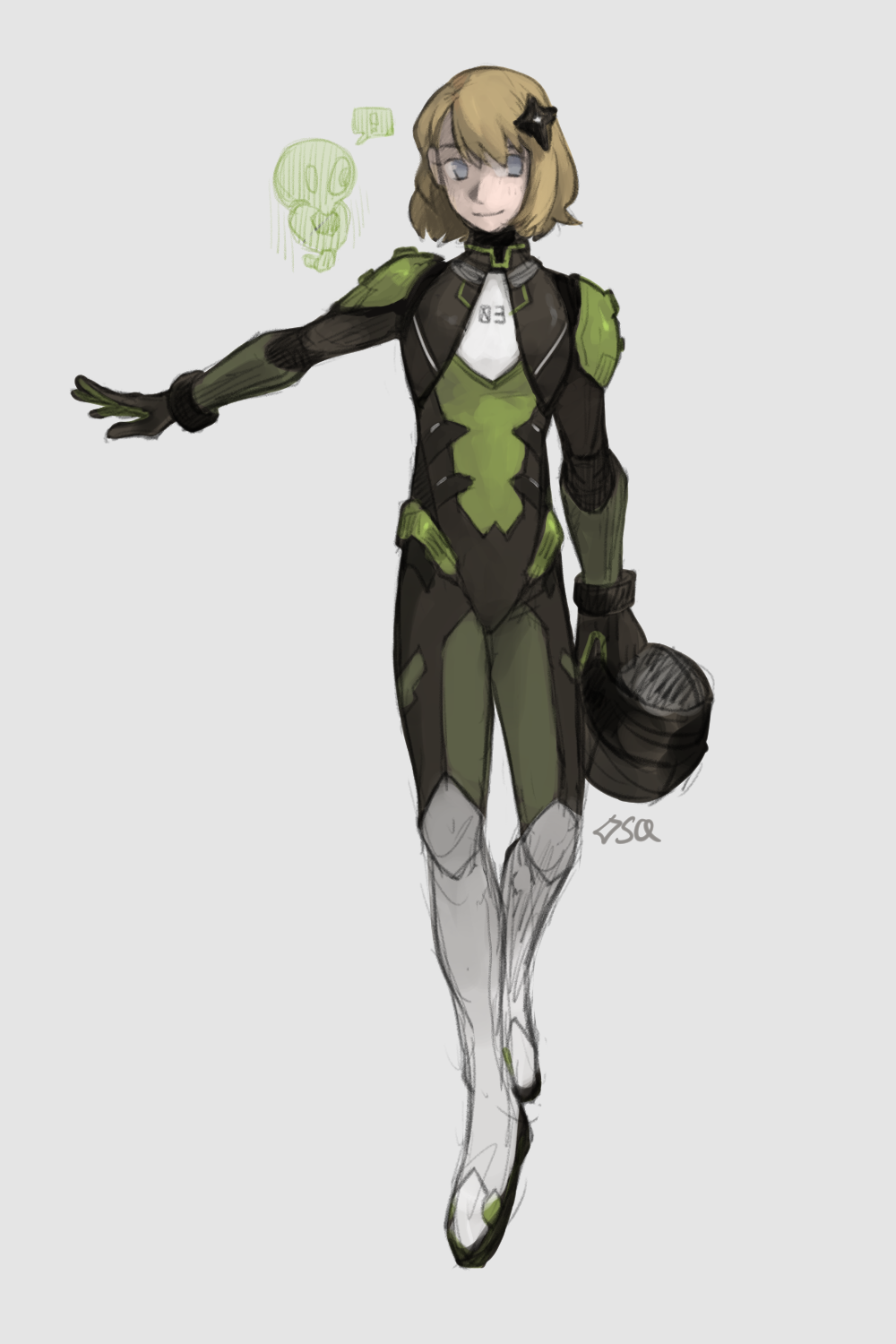 !, 1girl, adapted_costume, bodysuit, full_body, gen_6_pokemon, grey_background, grey_eyes, helmet, highres, hologram, legendary_pokemon, light_brown_hair, niko_(seaquestions), nintendo, official_alternate_costume, pokemon, pokemon_(creature), pokemon_masters_ex, serena_(pokemon), serena_(sygna_suit)_(pokemon), short_hair, signature, simple_background, unworn_headwear, unworn_helmet, zygarde, zygarde_core