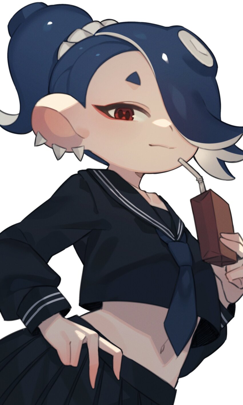 1girl, absurdres, belly, black_sailor_collar, black_serafuku, blue_hair, closed_mouth, drink_carton