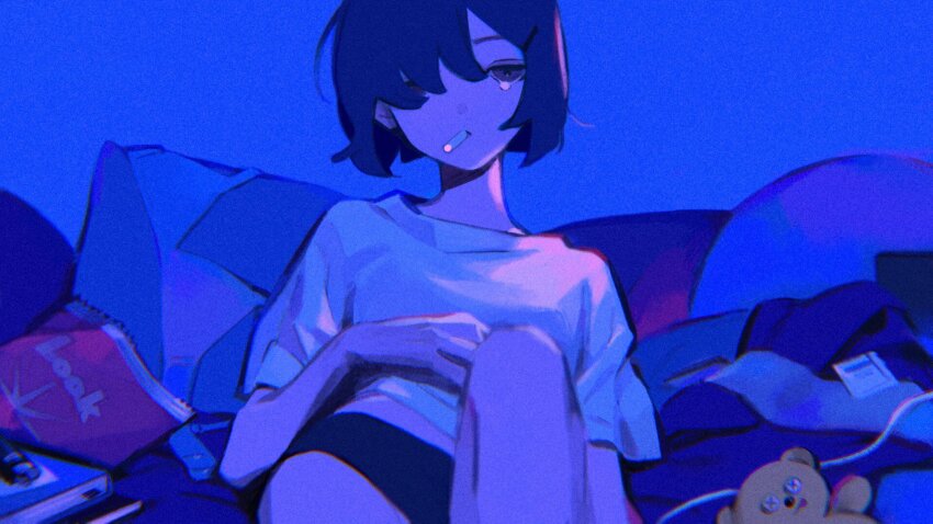 1girl, blue_background, blue_hair, book, chips_(food), cigarette, facing_viewer, food, hair_ornament, hairpin, hand_on_own_stomach, highres, knee_up, konnoita, lighter, looking_at_viewer, medium_hair, original, parted_bangs, purple_eyes, shirt, shorts, sitting, smoking, stuffed_animal, stuffed_toy, teddy_bear, white_shirt