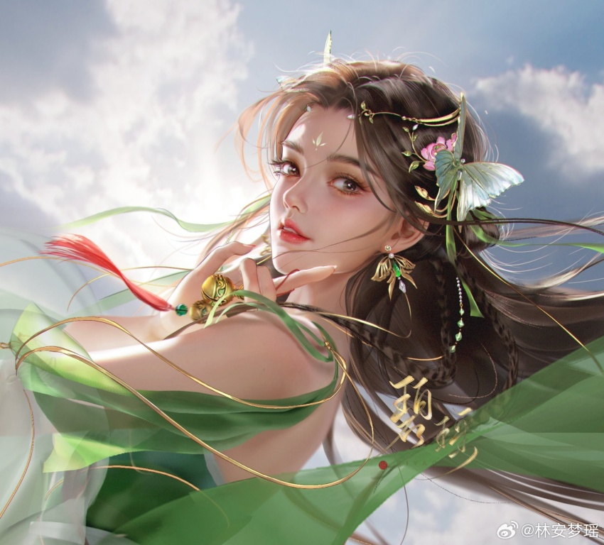 1girl, bare_shoulders, bell, bi_yao_(zhu_xian), braid, brown_hair, butterfly_earrings, butterfly_hair_ornament, closed_mouth, cloud, cloudy_sky, dress, earrings, floating_hair, flower, from_side, green_dress, hair_flower, hair_ornament, highres, holding, holding_bell, jewelry, jianya_chi, long_hair, parted_lips, realistic, second-party_source, sky, solo, teeth, zhu_xian