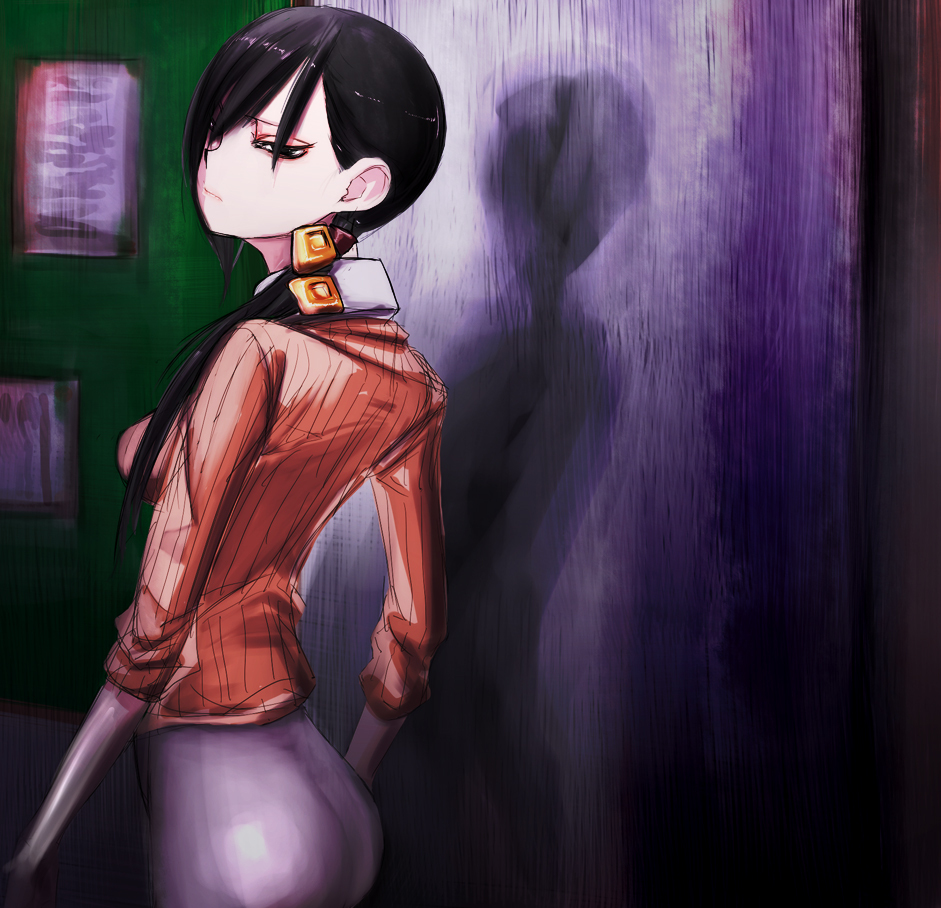 1girl, arms_at_sides, ass, back, black_eyes, black_hair, closed_mouth, cube