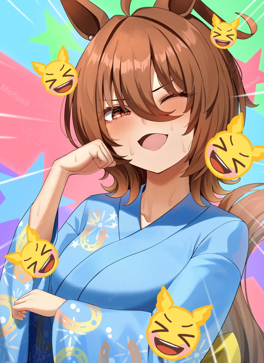 1girl, ;d, agnes_tachyon_(umamusume), ahoge, animal_ears, artist_name, blue_kimono, blush