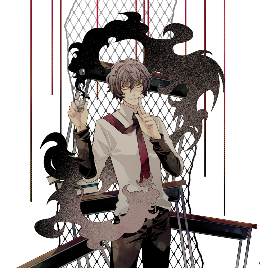 1boy, bad_id, bad_pixiv_id, book, darkness, desk, kiben_gakuha_yotsuya-senpai_no_kaidan, lighter, male_focus, moto, necktie, school_uniform, shadow, smile, solo, yotsuya_buntarou