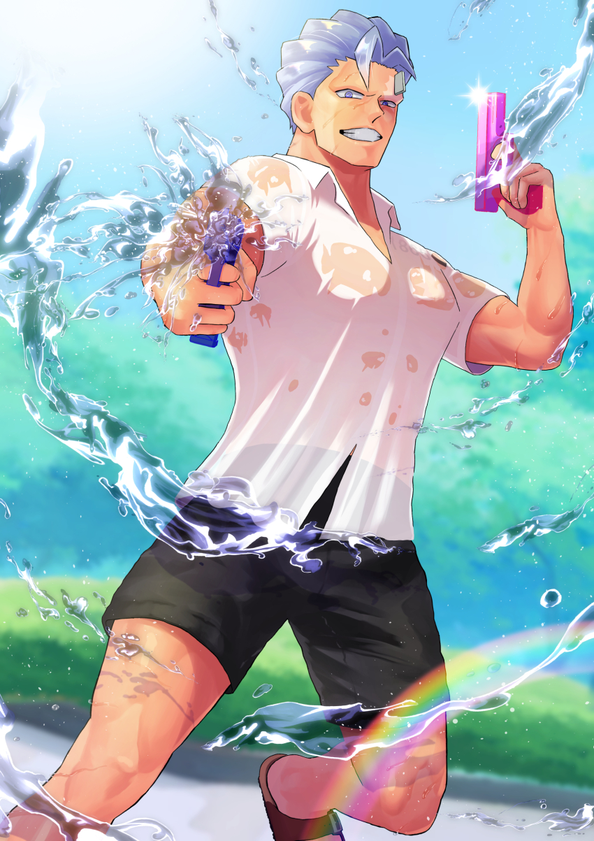 1boy, absurdres, andy_(undead_unluck), bara, black_shorts, collared_shirt, dual_wielding, feet_out_of_frame, grey_hair, grin, highres, holding, holding_water_gun, large_pectorals, looking_at_viewer, male_focus, muscular, muscular_male, pectorals, perspective, pointing_melee_weapon, rainbow, see-through_clothes, shirt, short_hair, shorts, smile, solo, t_56252280, undead_unluck, water, water_gun, wet, wet_clothes, wet_shirt
