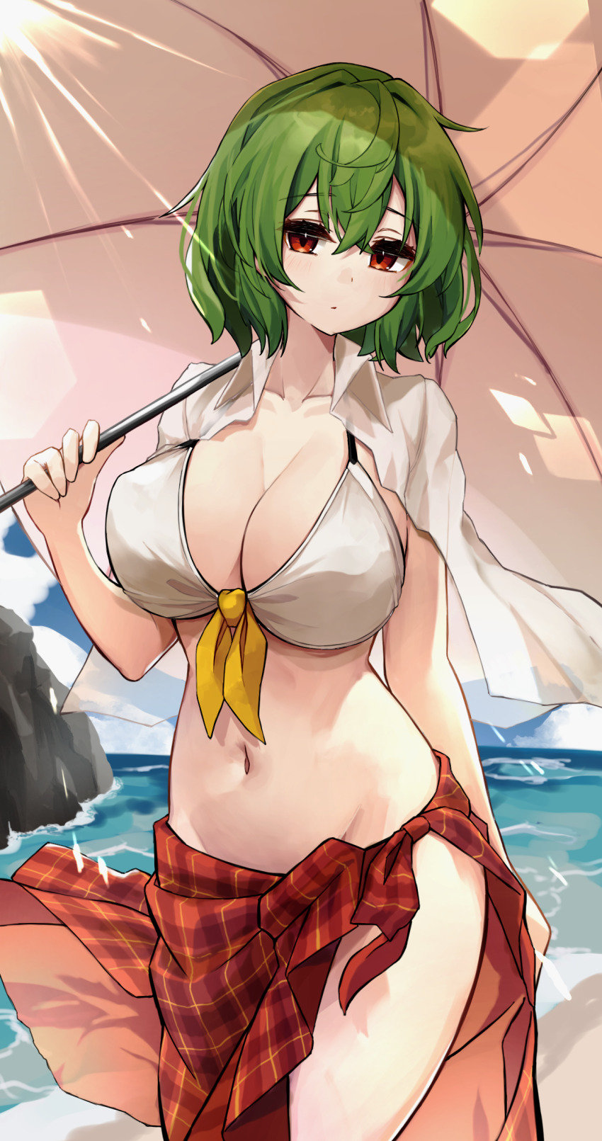 1girl, alternate_costume, beach, bikini, blush, breasts, cleavage, collarbone