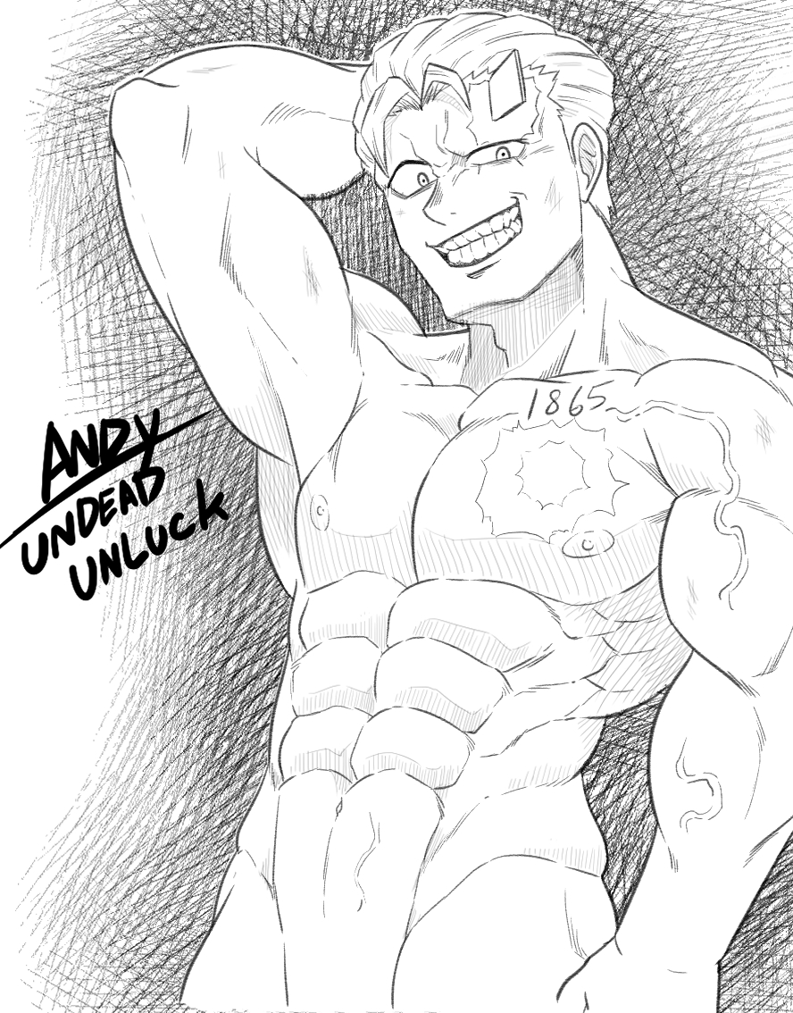 1boy, andy_(undead_unluck), arm_behind_head, bara, grin, large_pectorals, looking_at_viewer, male_focus