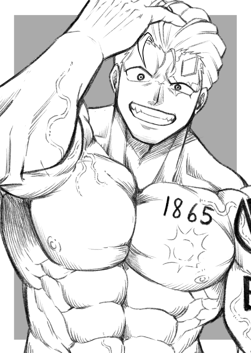 1boy, abs, andy_(undead_unluck), bara, greyscale, grin, highres, large_pectorals
