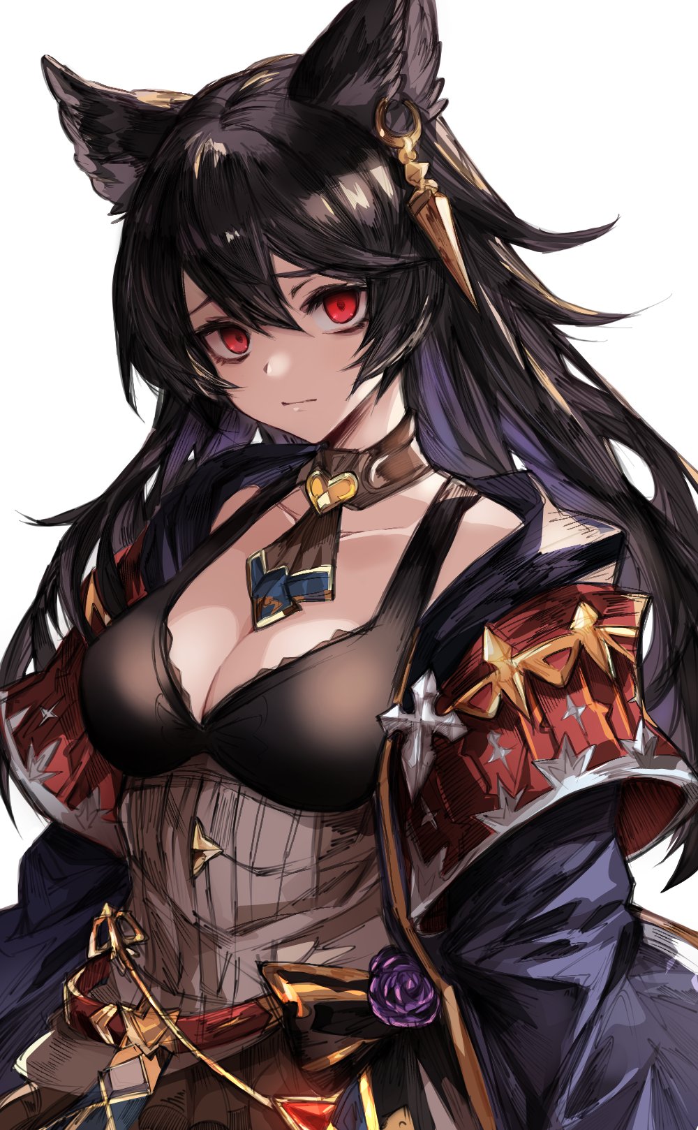 1girl, animal_ears, ascot, bags_under_eyes, black_dress, black_hair, black_robe, breasts, brown_ascot, cleavage, closed_mouth, dress, ear_piercing, erune, granblue_fantasy, hair_between_eyes, highres, long_hair, looking_at_viewer, medium_breasts, monogrbl, nier_(granblue_fantasy), piercing, red_eyes, robe, solo, upper_body, white_background
