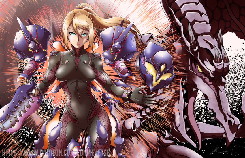 1girl, alternate_costume, alternate_design, arm_cannon, armor, black_bodysuit, blonde_hair, blue_eyes