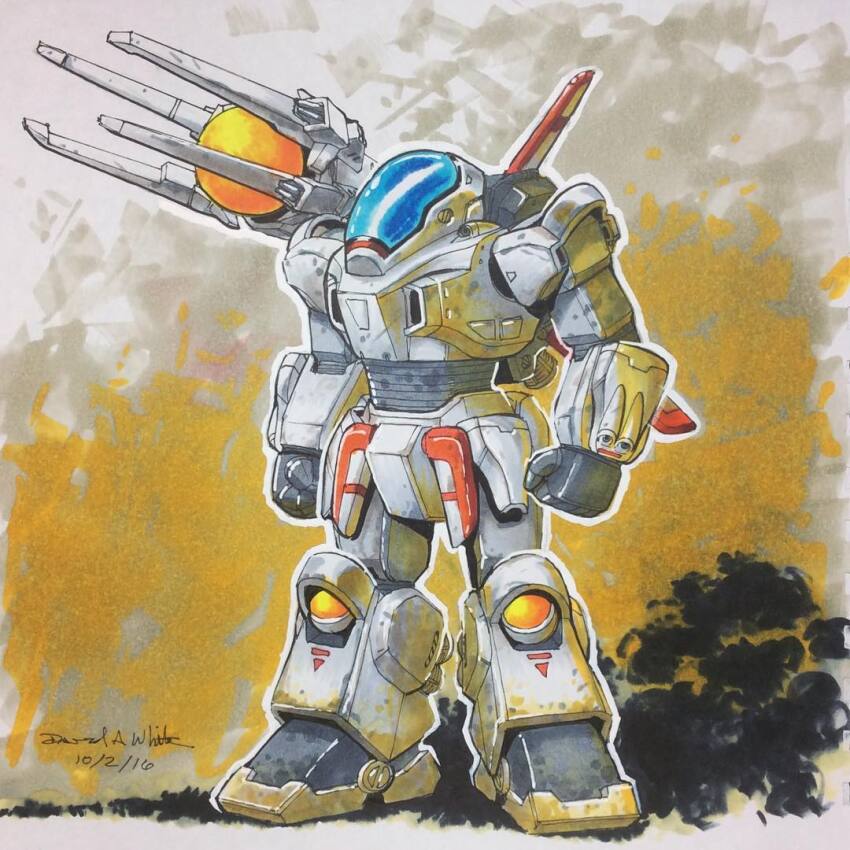 abstract_background, arm_cannon, armor, canopy_(aircraft), crossover, dated, david_a_white, dougram, dual_arm_cannons, force_(r-type), fusion, get_truth:_taiyou_no_kiba_dougram, glass_cockpit, irem, marker_(medium), mecha, mecha_focus, no_humans, orange_armor, outline, r-9a_arrowhead, r-type, robot, science_fiction, signature, sketch, sketchbook, taiyou_no_kiba_dougram, traditional_media, weapon, white_armor, white_outline