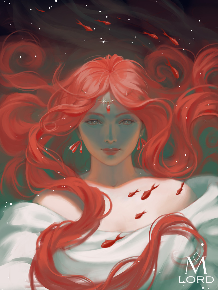 1girl, absurdres, animal, bare_shoulders, dark_background, earrings, eyelashes, fish, floating_hair, forehead_jewel, gake_no_ue_no_ponyo, goldfish, granmamare, highres, jewelry, light_smile, long_hair, looking_at_viewer, lordm-art, portrait, red_hair, red_lips, studio_ghibli, underwater, watermark