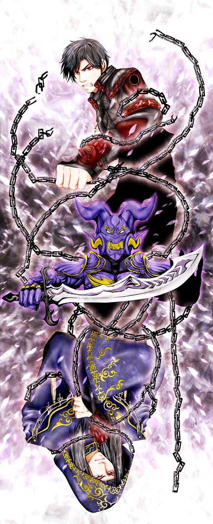 armor, black_hair, brothers, chain, clenched_teeth, cloak, fudo_sigma, fudou_leo, garo:_makai_senki, garo_(tokusatsu_series), glaring, holding, holding_chain, holding_weapon, horns, impossible_clothes, looking_at_viewer, polar_opposites, print_cloak, rodo_(garo), satoi_(baudy), serious, siblings, symmetry, teeth, upside-down, weapon, wide_sleeves