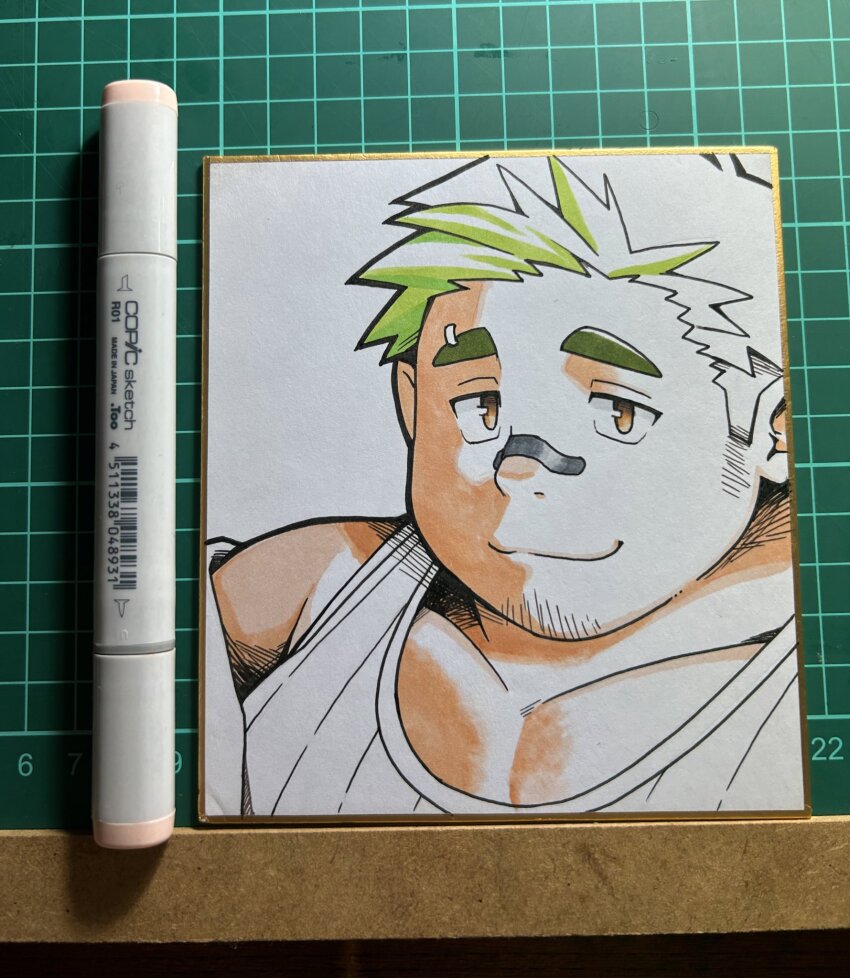 1boy, art_tools_in_frame, bandaid, bandaid_on_face, bandaid_on_nose, bara, bare_shoulders, facial_hair, goatee_stubble, grimori_(live_a_hero), highres, large_pectorals, live_a_hero, looking_at_viewer, mature_male, multicolored_hair, natsume_yukimushi, pectoral_cleavage, pectorals, photo_(medium), pointy_ears, shikishi, short_hair, smile, solo, stubble, tank_top, thick_eyebrows, two-tone_hair, upper_body