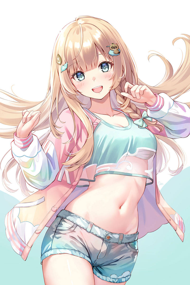 1girl, :d, aqua_shirt, aqua_shorts, bandages, blonde_hair, blue_eyes, chest_sarashi