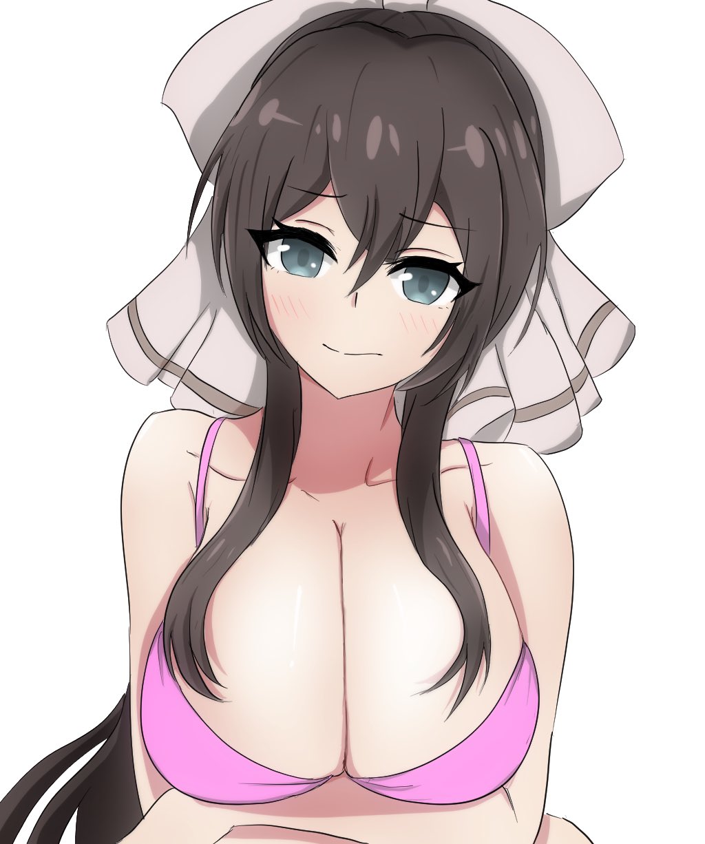 1girl, aqua_eyes, arms_under_breasts, assault_lily, bare_arms, bare_shoulders, blush, bow, bra, breasts, brown_bow, brown_hair, cleavage, closed_mouth, collarbone, commentary_request, crossed_arms, hair_between_eyes, hair_bow, head_tilt, highres, large_breasts, long_hair, looking_at_viewer, nukenin_(maato), pink_bra, serizawa_chikaru, sidelocks, simple_background, solo, underwear, underwear_only, upper_body, white_background